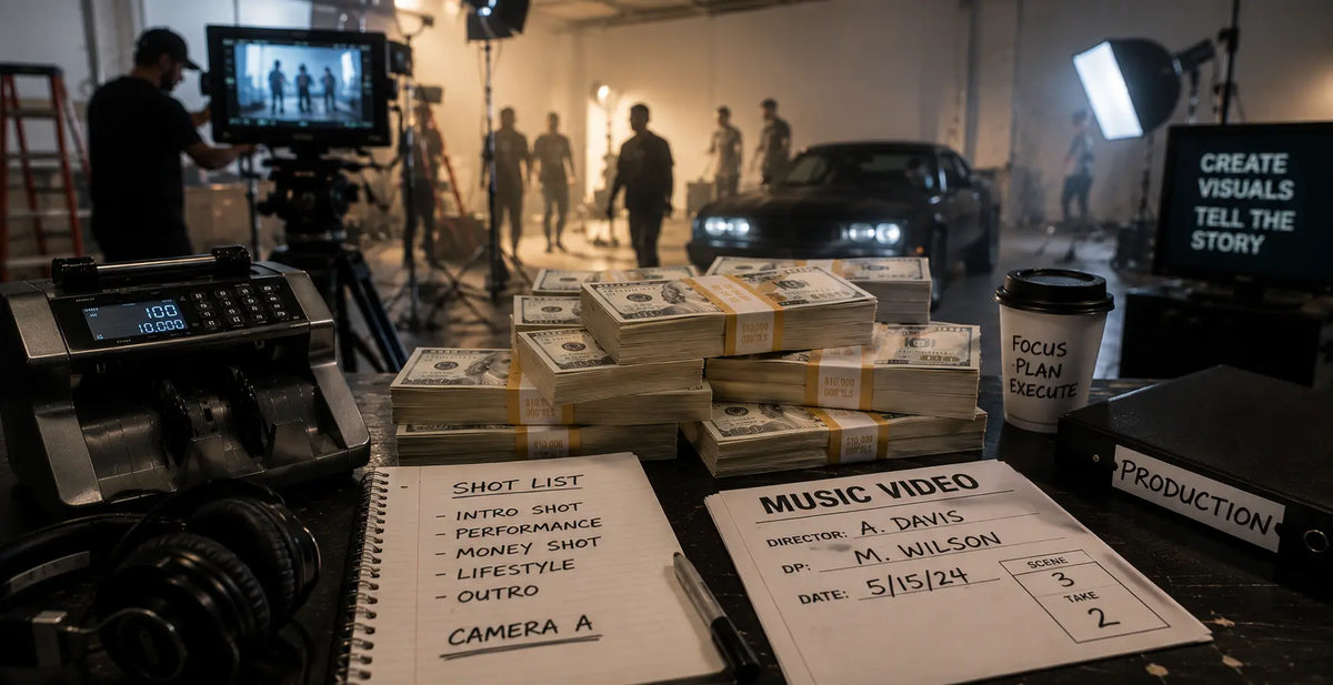 Behind-the-scenes music video production setup with realistic prop money stacks, studio lighting, filming equipment, and cinematic production notes on set.