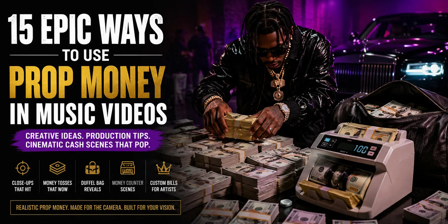 Cinematic music video scene with prop money stacks, a money counter, duffel bag cash reveal, luxury car, and artist styling for music video cash scene ideas.