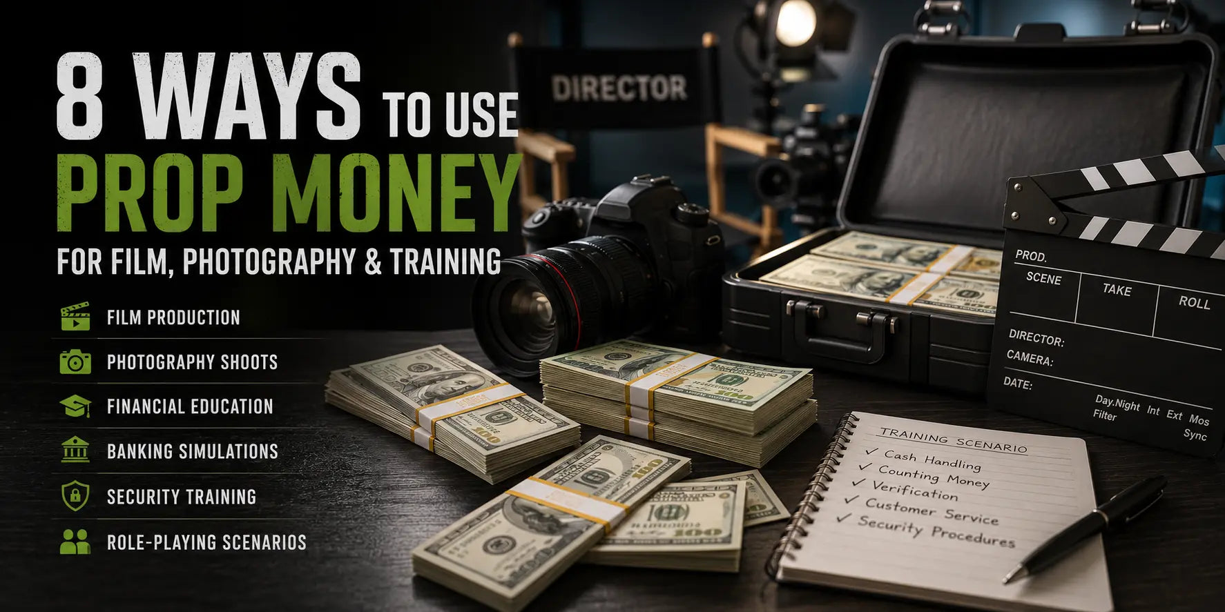 Realistic prop money stacks, bundles, and close-up fake cash used in filmmaking, photography, banking simulations, and entertainment productions