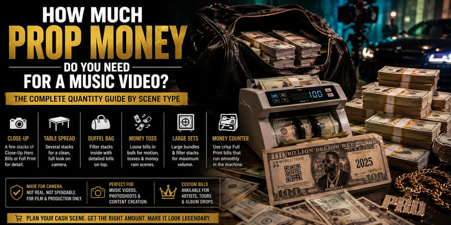 Cinematic music video prop money quantity guide with cash stacks, duffel bag reveal, money counter, custom artist bill, and large set cash setup.
