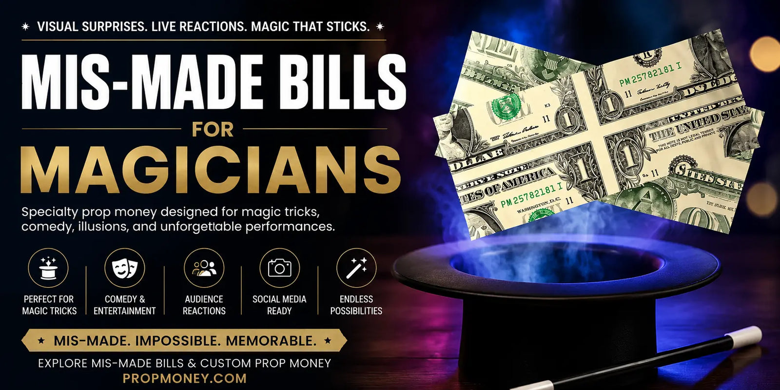 Magician performing on stage with prop money bills flying through the air for a mis-made bills magic tricks blog.