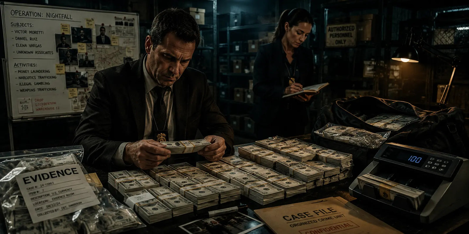 Cinematic crime drama evidence room with detectives reviewing bundled prop money, evidence bags, a duffel bag, case files, and a money counter.