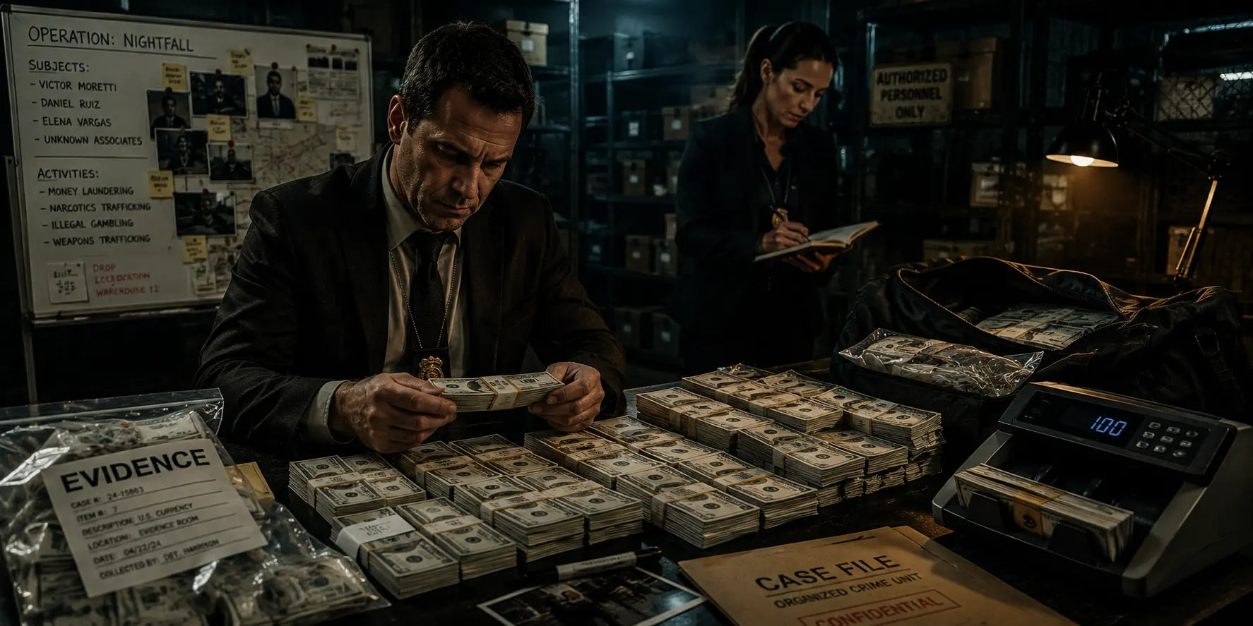 Cinematic crime drama evidence room with detectives reviewing bundled prop money, evidence bags, a duffel bag, case files, and a money counter.