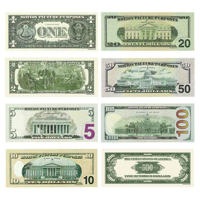 Multi denomination play money bills for board games and casino games