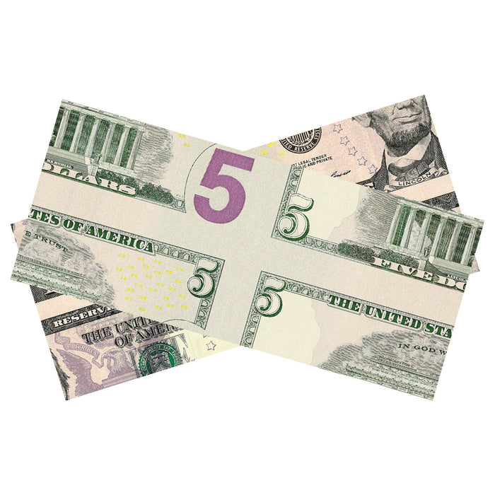 Professional $5 mis-made bill for magic tricks and illusion shows