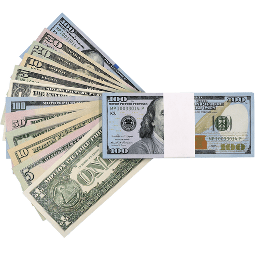 Mixed denomination prop money stack for film and content creation