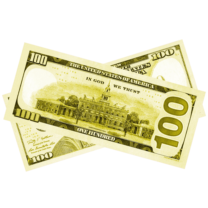 Yellow novelty money bills for photography displays and themed celebrations